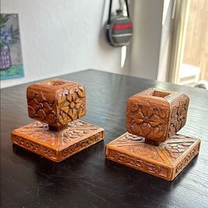 Wooden Candle Holders- vintage -intricate carving med brown- has wear- rustic